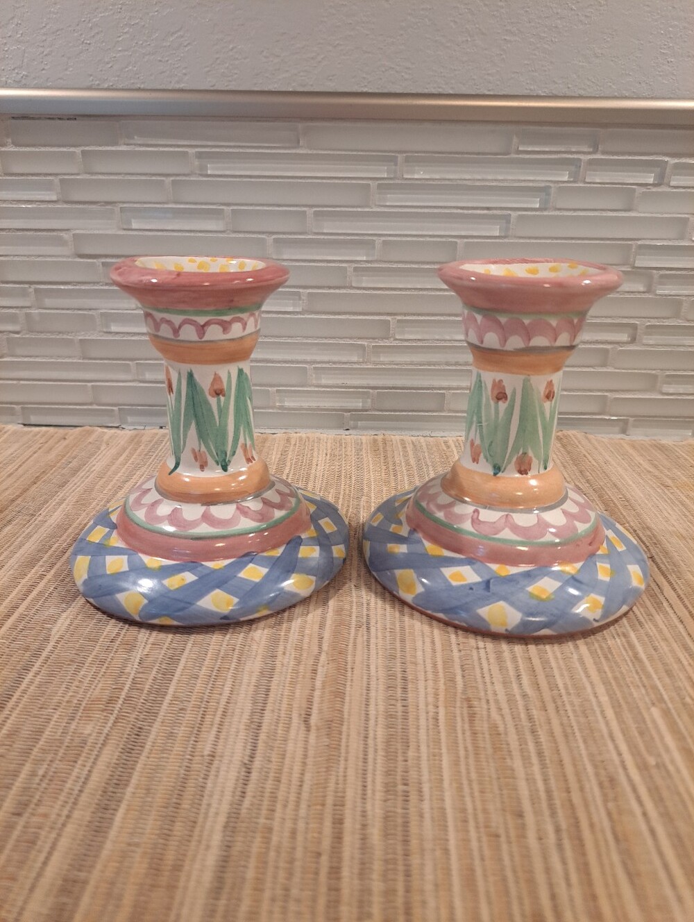 2 Mackenzie-Childs Art Pottery Aalsmeer Tulips 4.5" Candle Holders